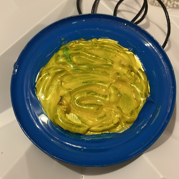 Reversible Artistic Circular Blue and Yellow Handmade Necklace - Picture 9 of 17